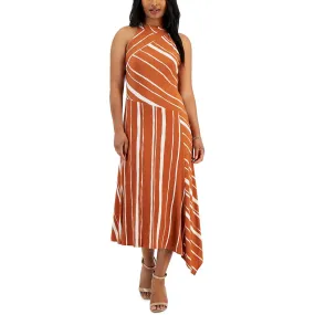 Taylor Womens Asymmetric Striped Halter Dress