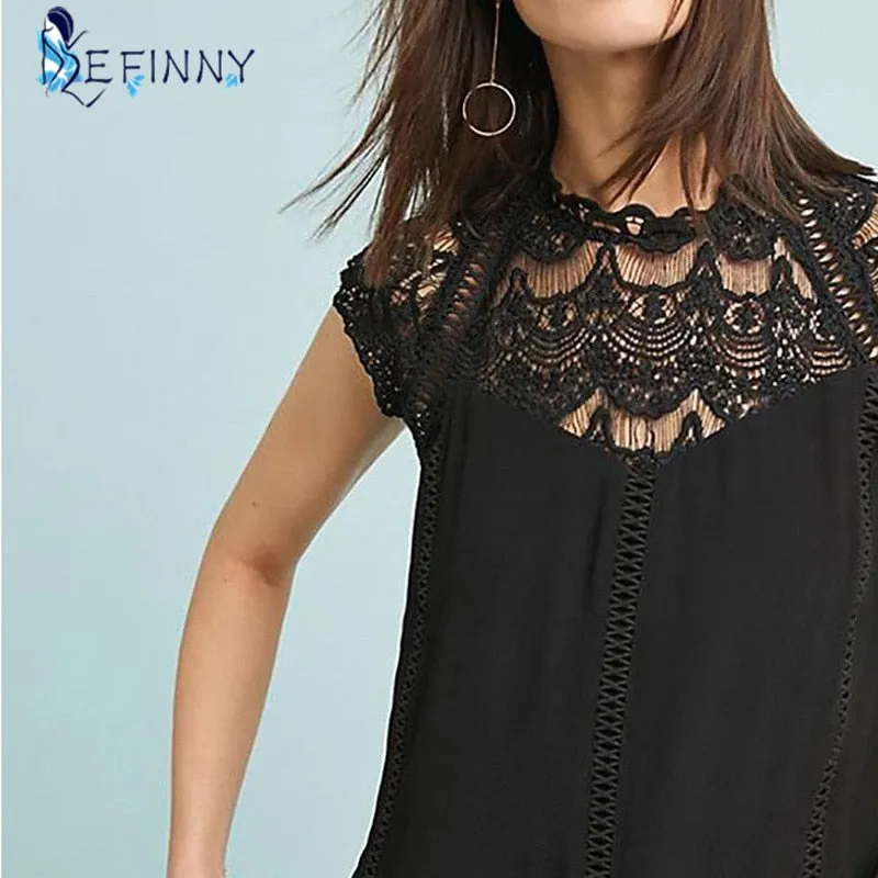 Women's Sleeveless Blouse Lace Patchwork Solid Shirt Black/White